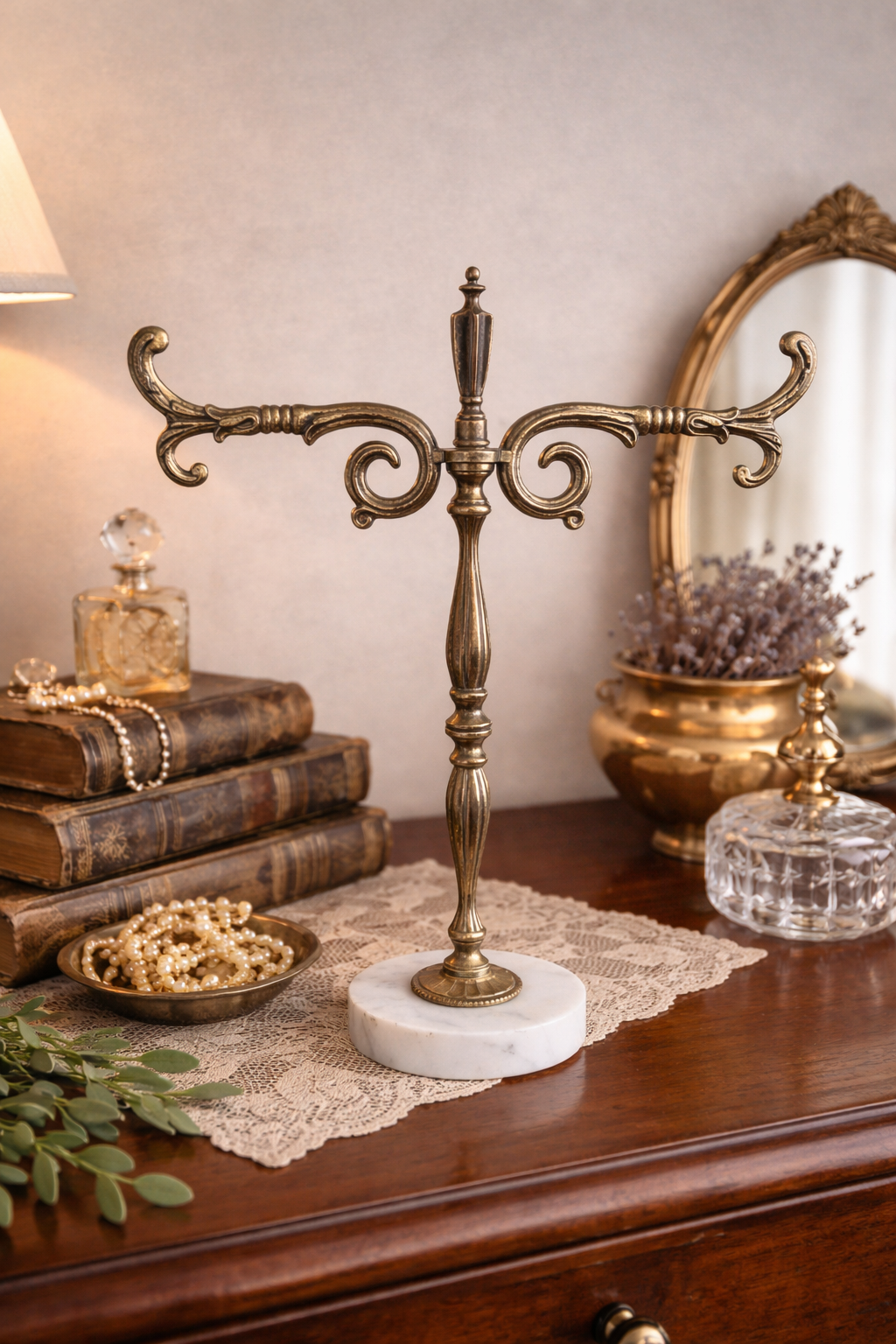 Vintage Italian Brass Jewelry Stand with Marble Base