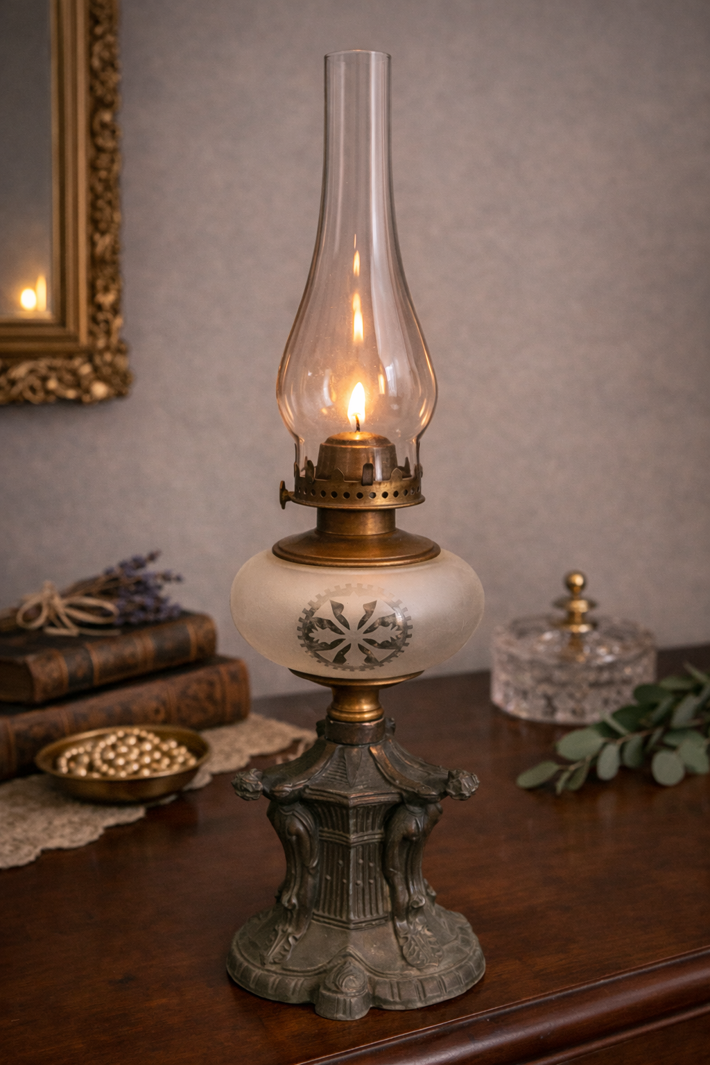 Antique Scovill Oil Lamp – Frosted Etched Glass Font – Ornate Cast Metal Base