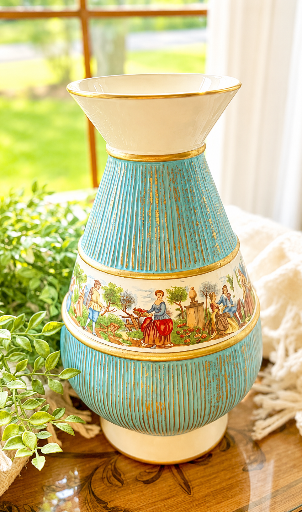 Vintage Italian Blue & Gold Ceramic Vase – Romantic Pastoral Scene