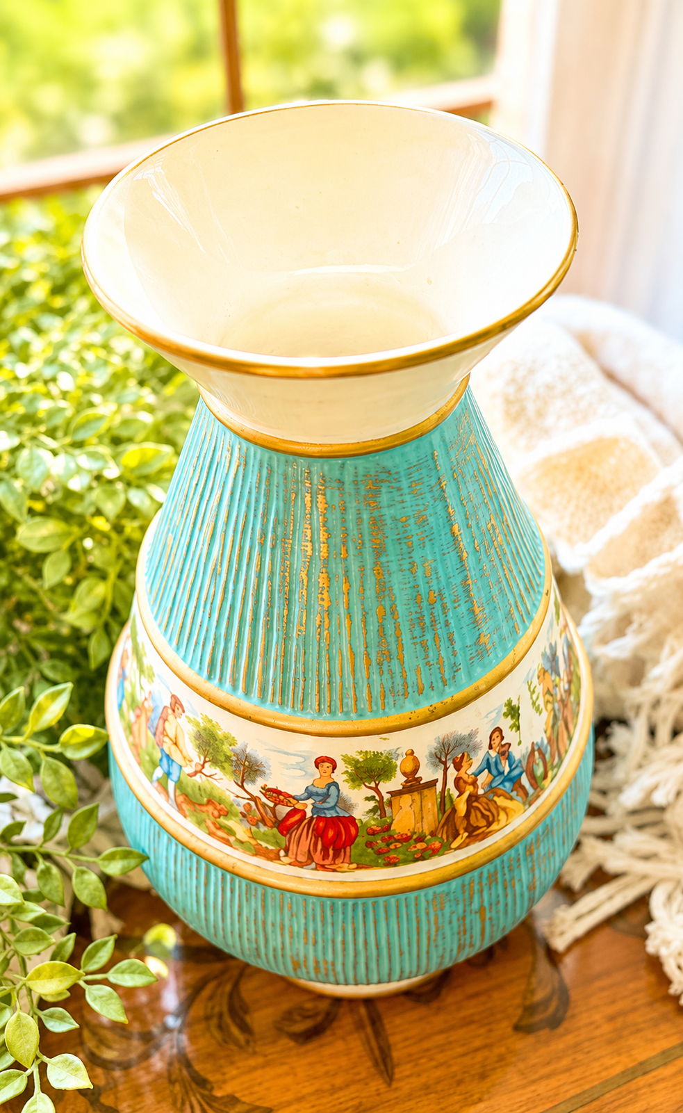 Vintage Italian Blue & Gold Ceramic Vase – Romantic Pastoral Scene