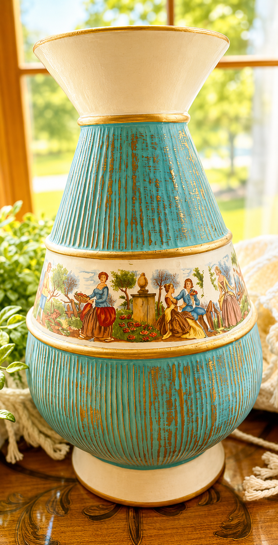 Vintage Italian Blue & Gold Ceramic Vase – Romantic Pastoral Scene