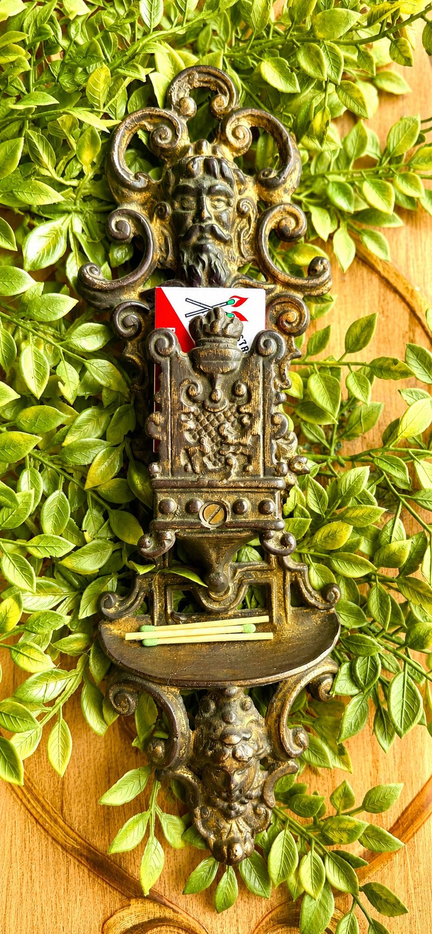 Antique Renaissance Revival Brass Match Holder