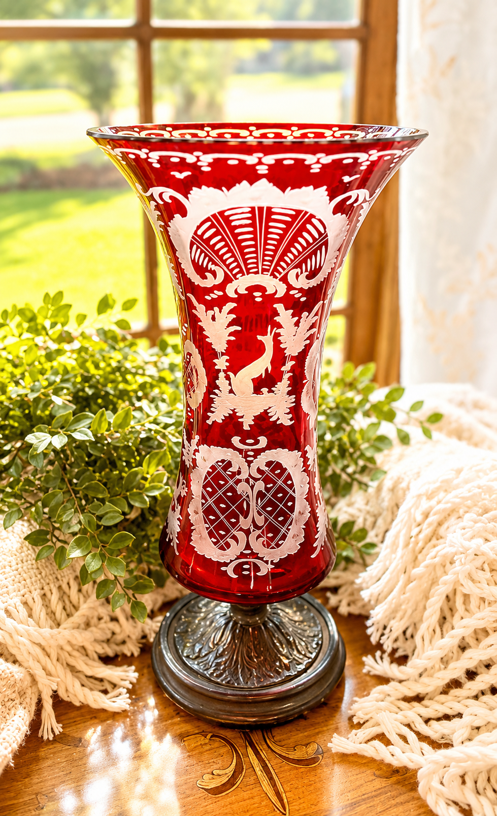 Antique Ruby Cut-to-Clear Bohemian Glass Vase with Etched Overlay