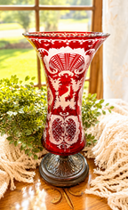 Antique Ruby Cut-to-Clear Bohemian Glass Vase with Etched Overlay