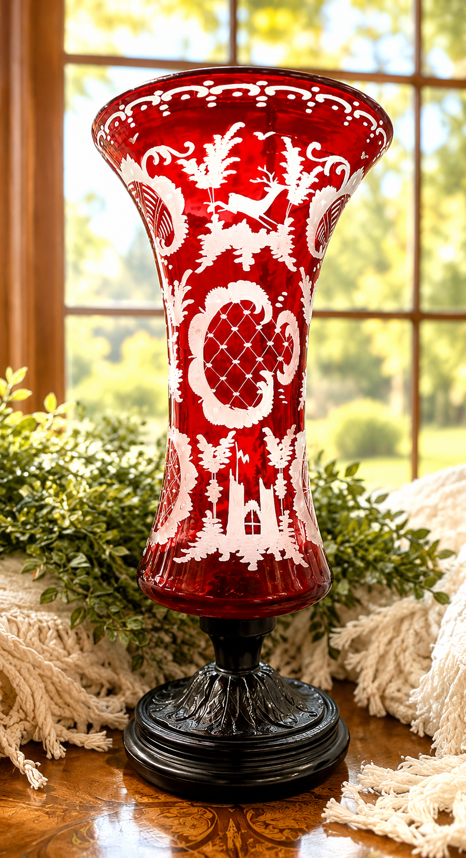 Antique Ruby Cut-to-Clear Bohemian Glass Vase with Etched Overlay