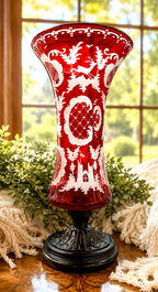 Antique Ruby Cut-to-Clear Bohemian Glass Vase with Etched Overlay