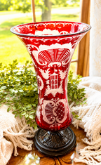 Antique Ruby Cut-to-Clear Bohemian Glass Vase with Etched Overlay