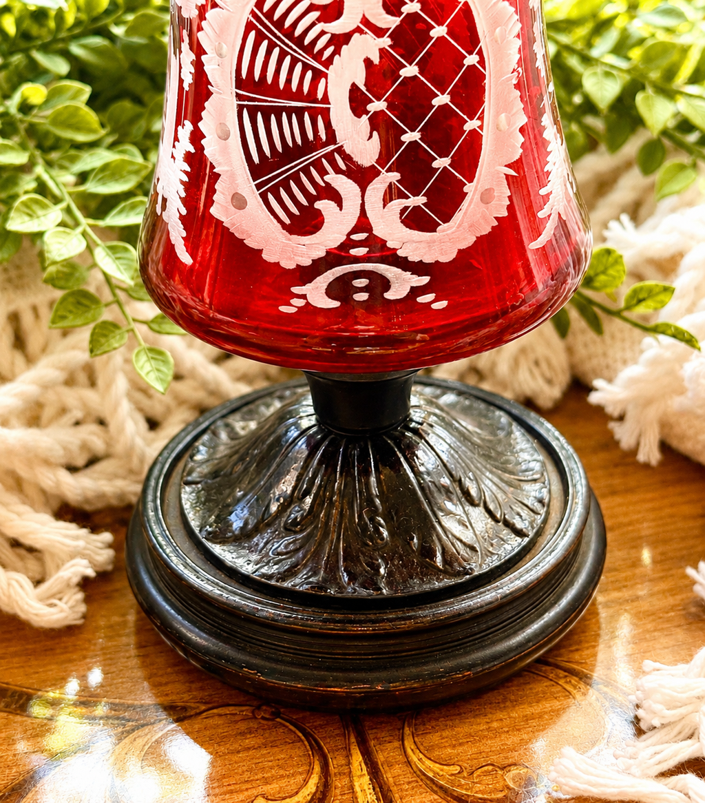 Antique Ruby Cut-to-Clear Bohemian Glass Vase with Etched Overlay