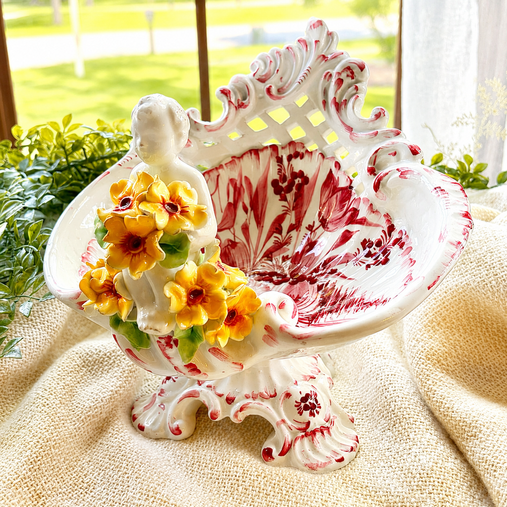Vintage Capodimonte Italy Cherub Centerpiece Bowl – Rococo Floral Ceramic Compote