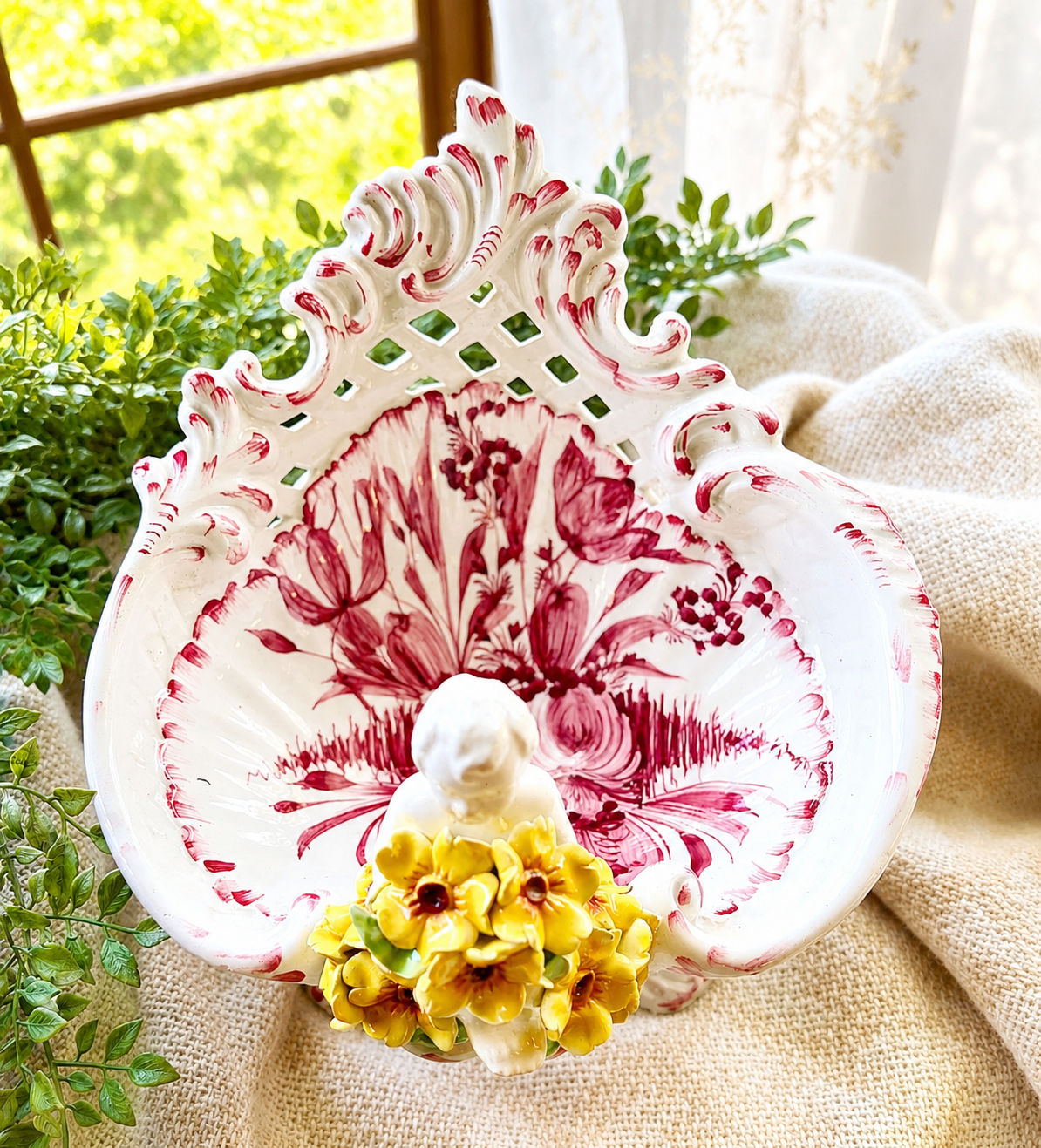 Vintage Capodimonte Italy Cherub Centerpiece Bowl – Rococo Floral Ceramic Compote