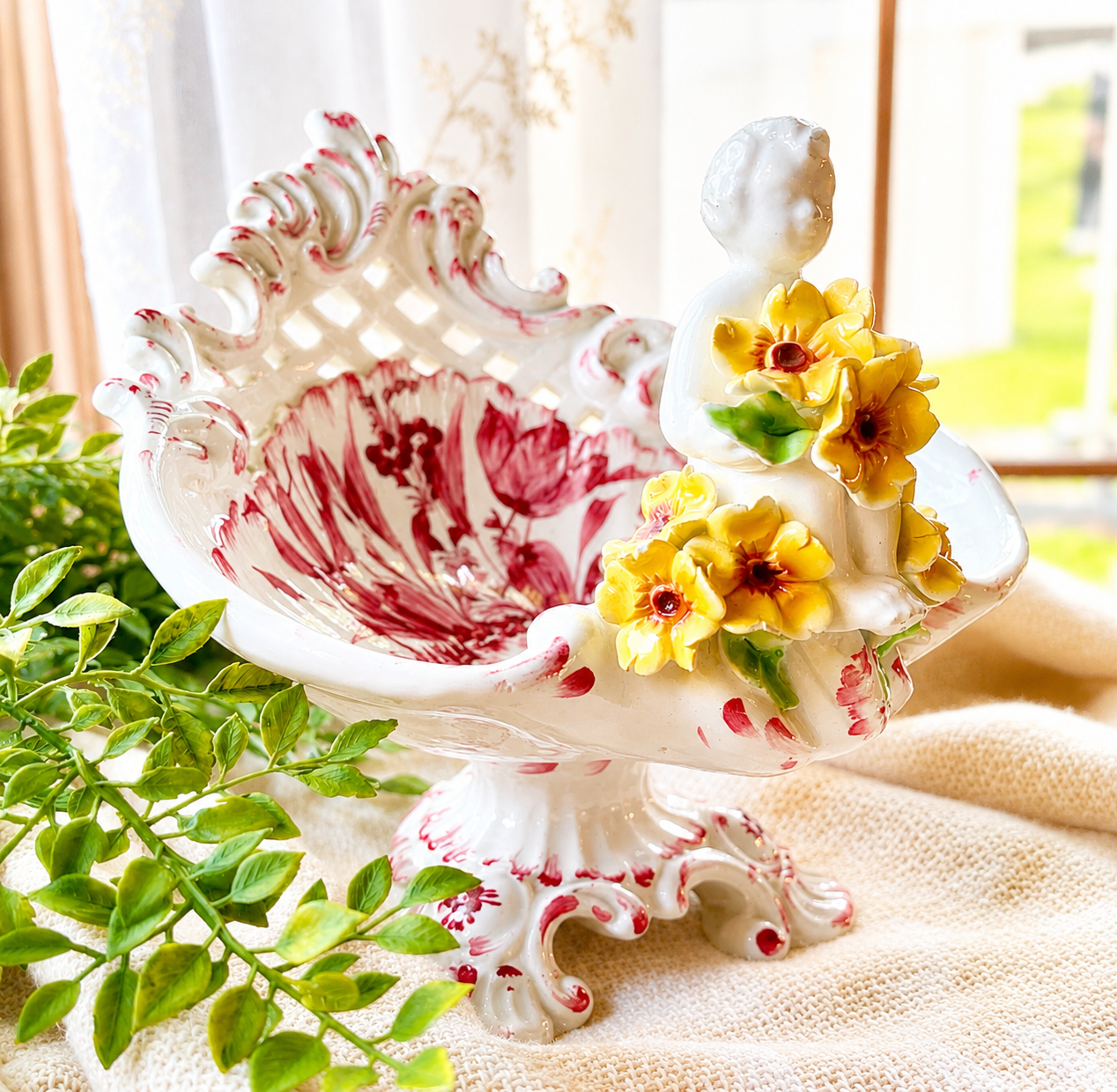 Vintage Capodimonte Italy Cherub Centerpiece Bowl – Rococo Floral Ceramic Compote