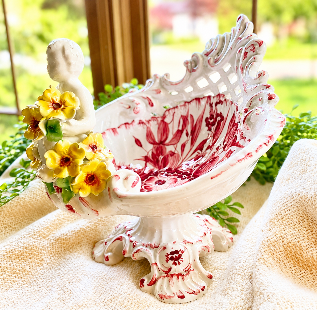 Vintage Capodimonte Italy Cherub Centerpiece Bowl – Rococo Floral Ceramic Compote