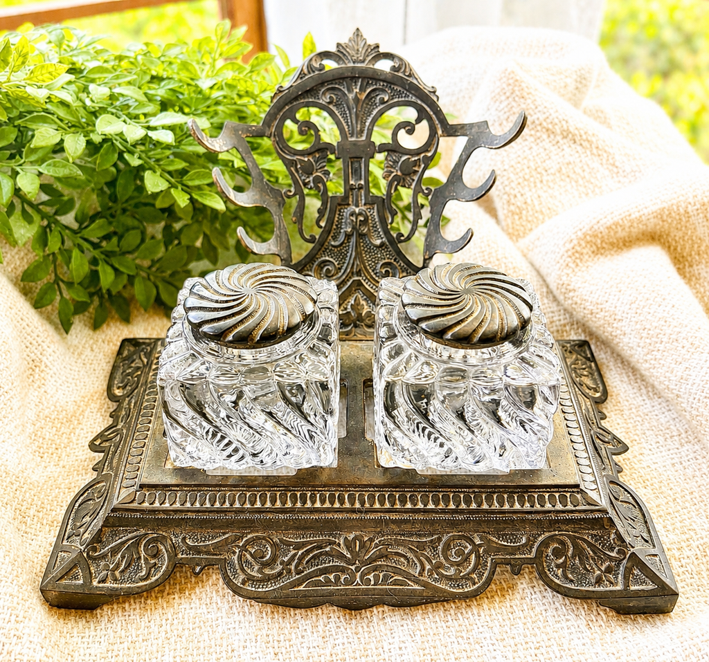Antique Double Inkwell Desk Set | Victorian Cast Metal Inkstand with Glass Inkwells