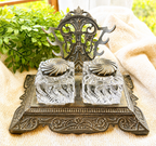 Antique Double Inkwell Desk Set | Victorian Cast Metal Inkstand with Glass Inkwells