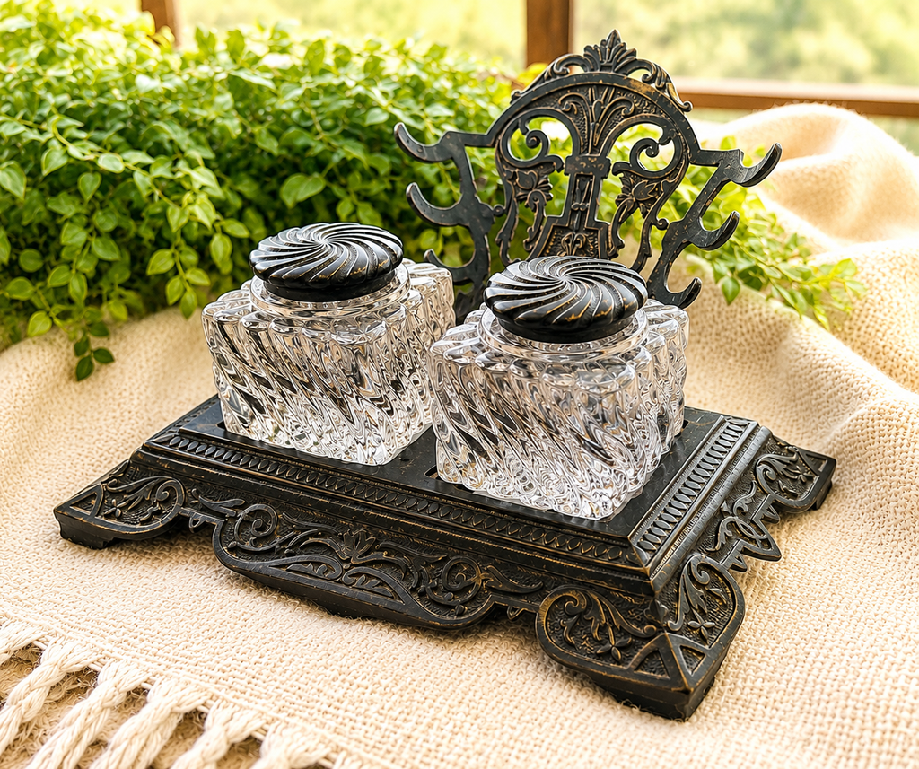 Antique Double Inkwell Desk Set | Victorian Cast Metal Inkstand with Glass Inkwells