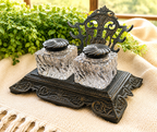 Antique Double Inkwell Desk Set | Victorian Cast Metal Inkstand with Glass Inkwells