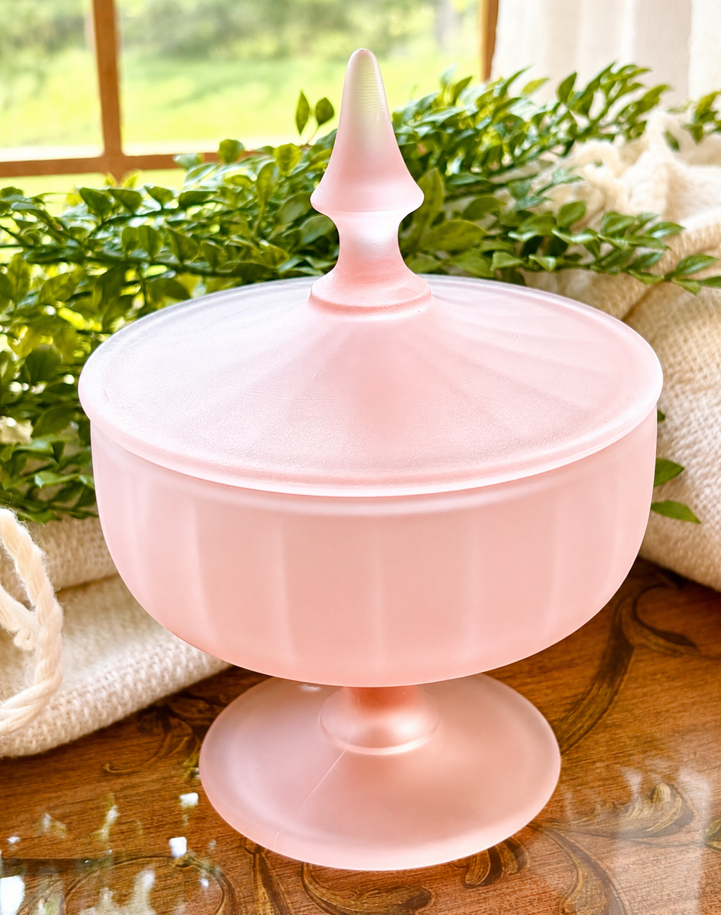 Vintage Pink Satin Glass Pedestal Candy Dish with Lid | Art Deco Frosted Glass Compote