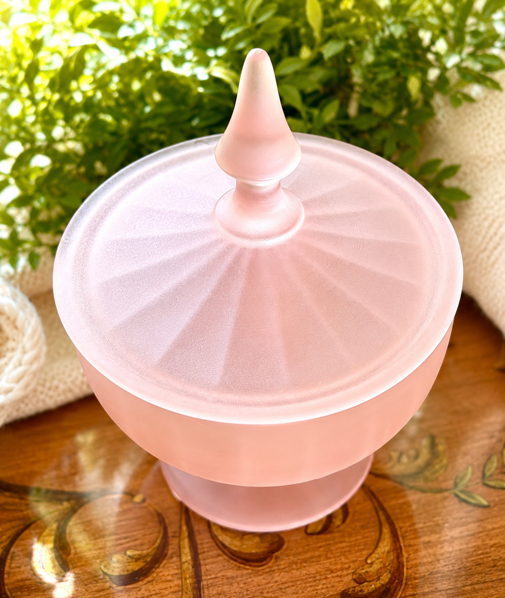 Vintage Pink Satin Glass Pedestal Candy Dish with Lid | Art Deco Frosted Glass Compote