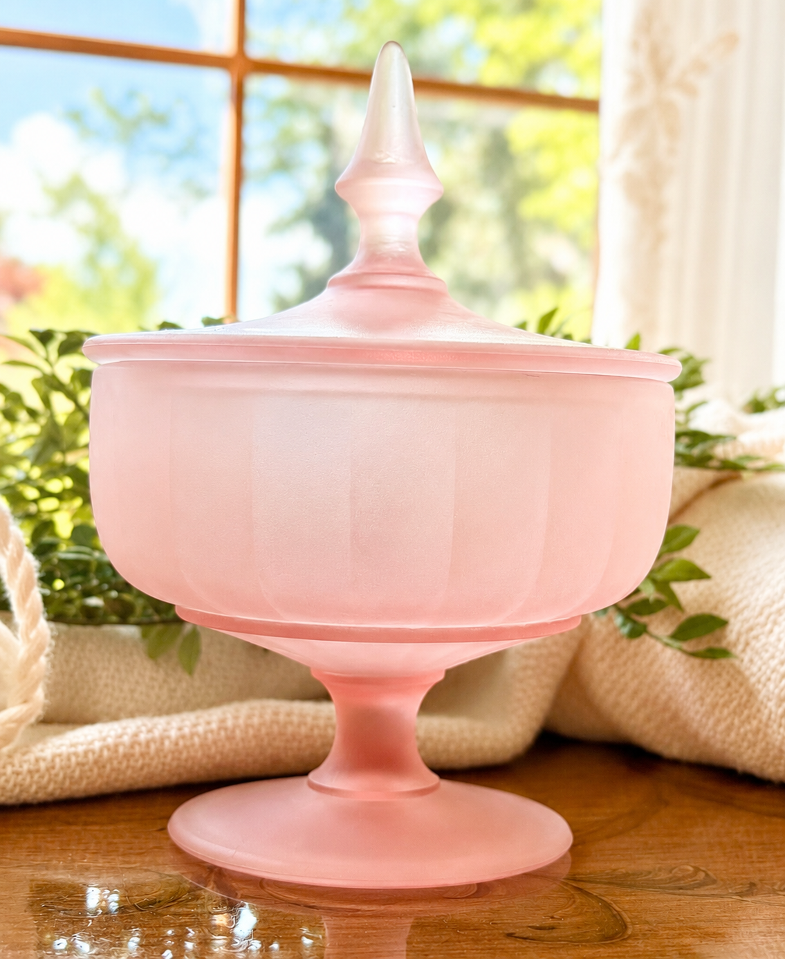 Vintage Pink Satin Glass Pedestal Candy Dish with Lid | Art Deco Frosted Glass Compote