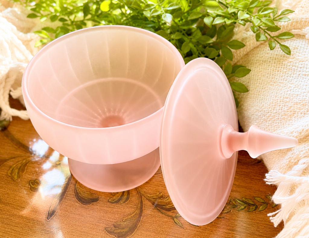 Vintage Pink Satin Glass Pedestal Candy Dish with Lid | Art Deco Frosted Glass Compote