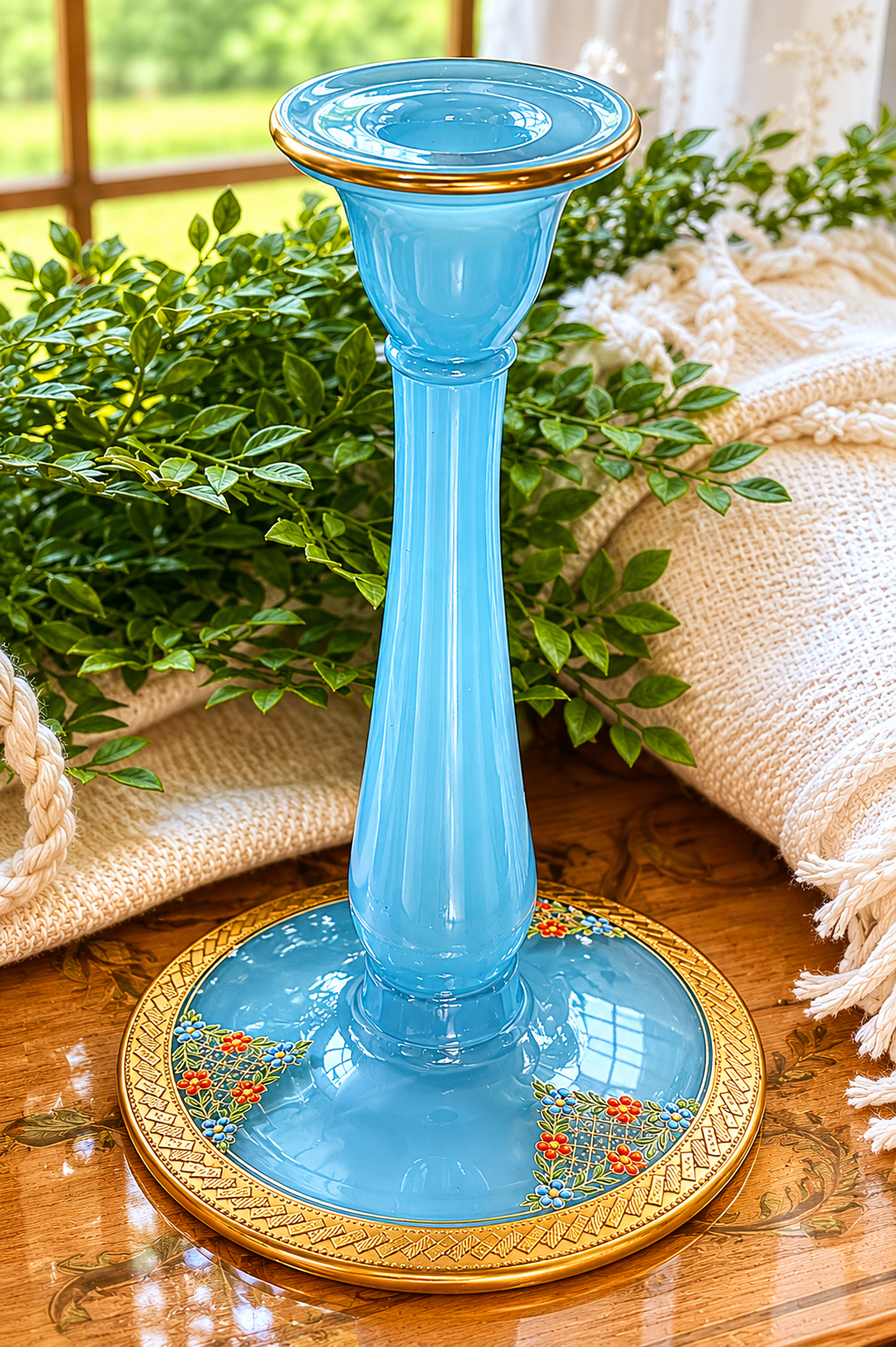 Vintage Blue Opaline Glass Candlestick Holder with Gold Enamel Floral Base | Victorian Revival Candle Stand