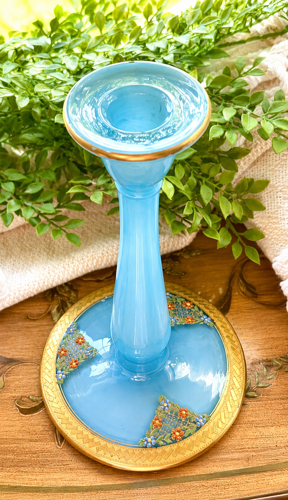 Vintage Blue Opaline Glass Candlestick Holder with Gold Enamel Floral Base | Victorian Revival Candle Stand