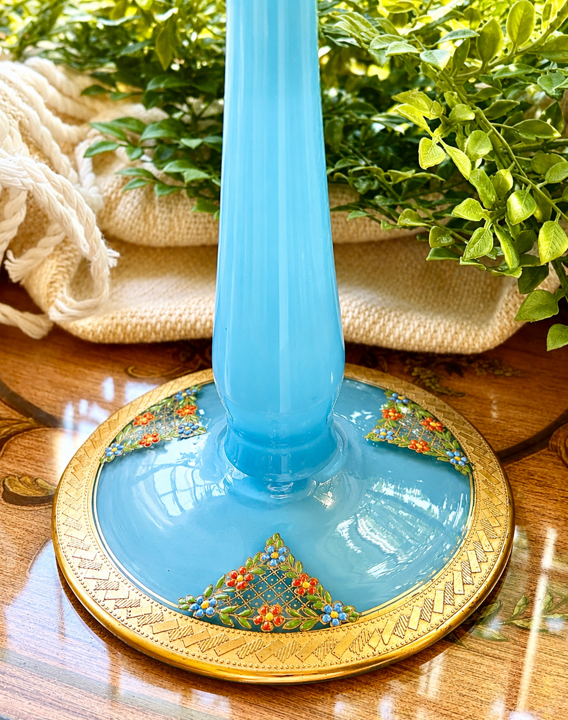 Vintage Blue Opaline Glass Candlestick Holder with Gold Enamel Floral Base | Victorian Revival Candle Stand