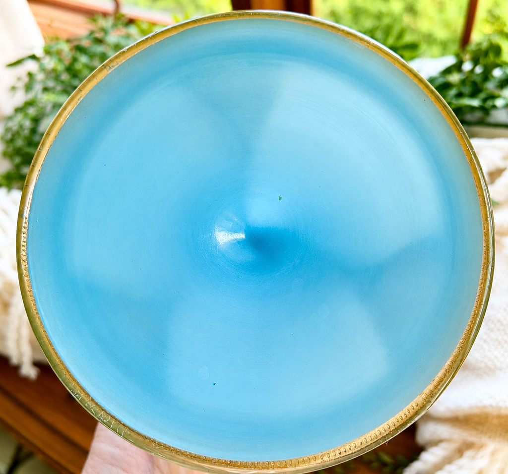 Vintage Blue Opaline Glass Candlestick Holder with Gold Enamel Floral Base | Victorian Revival Candle Stand