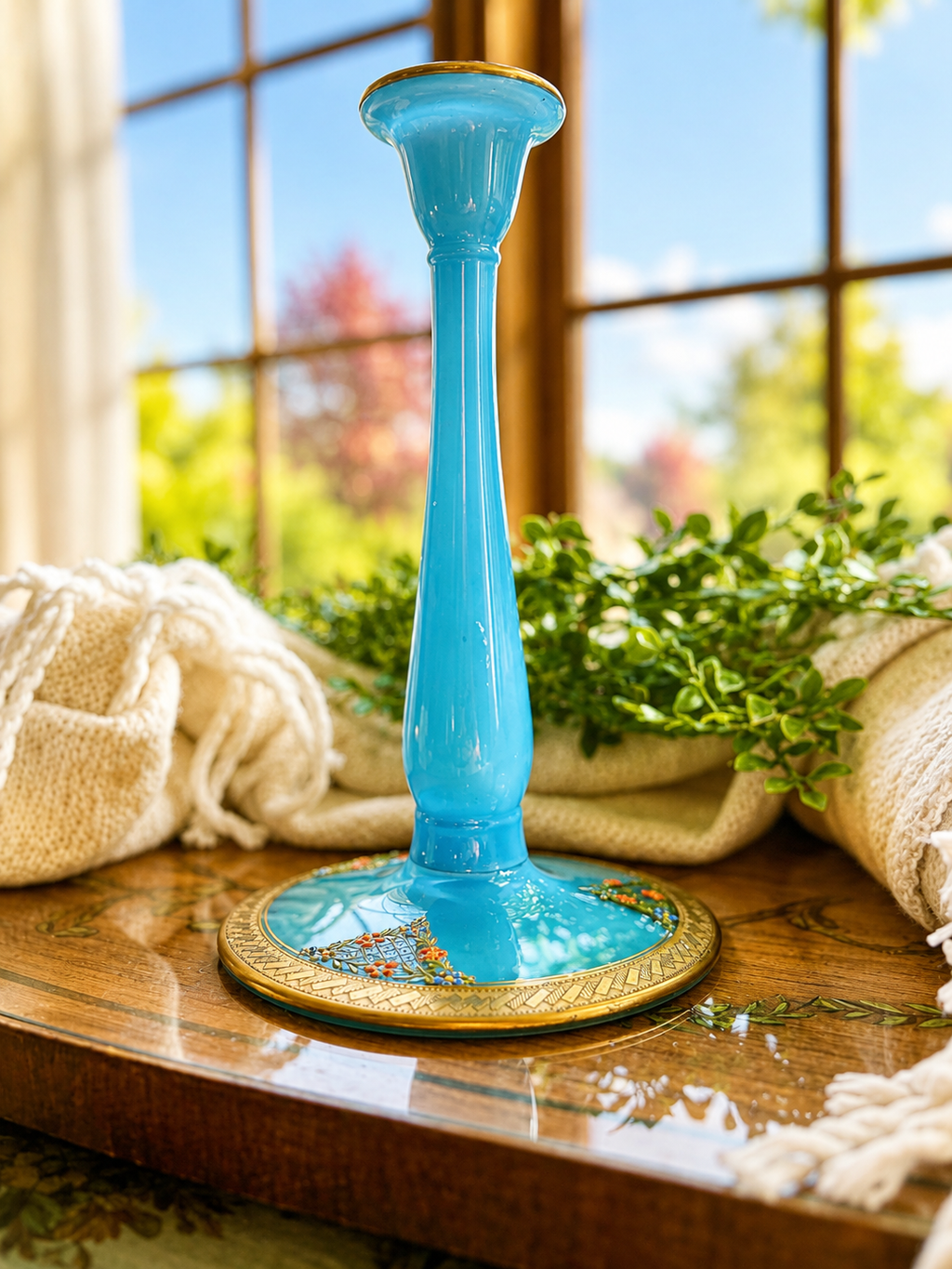 Vintage Blue Opaline Glass Candlestick Holder with Gold Enamel Floral Base | Victorian Revival Candle Stand
