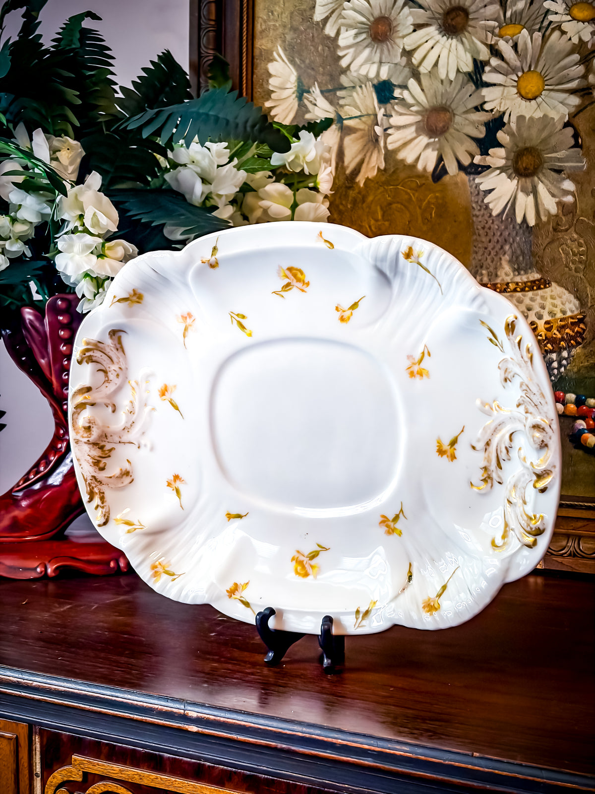 Antique G.D. & Cie Limoges France Porcelain Serving Platter with Gilt Rococo Scrollwork