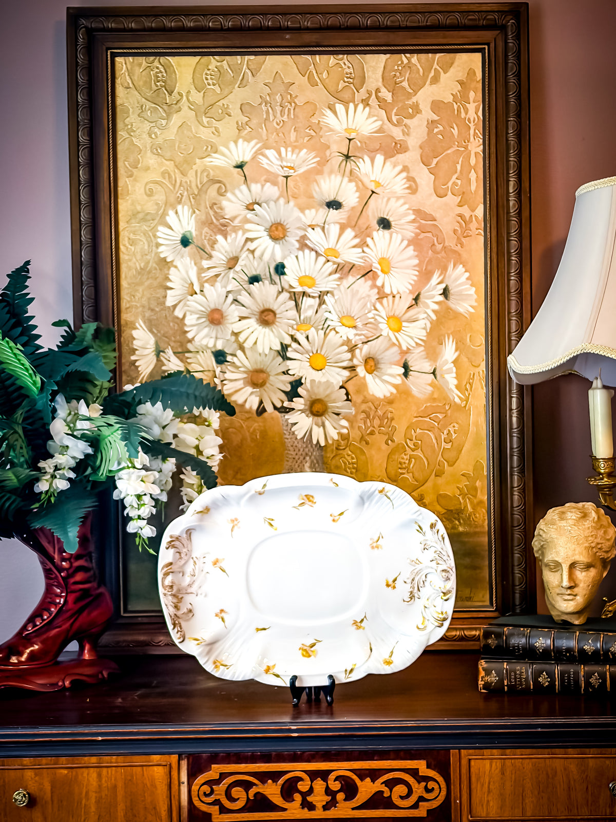 Antique G.D. & Cie Limoges France Porcelain Serving Platter with Gilt Rococo Scrollwork