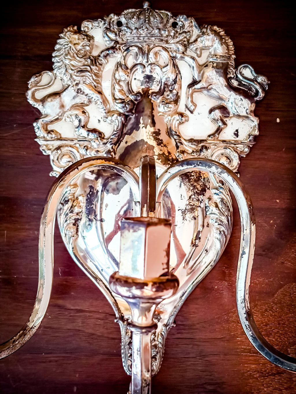 Antique English Hallmarked Royal Crest Crown Pair Sconces