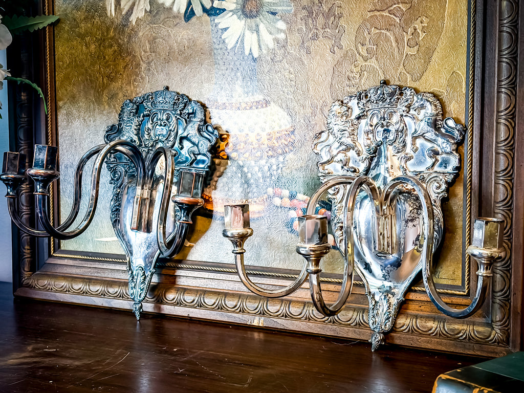 Antique English Hallmarked Royal Crest Crown Pair Sconces