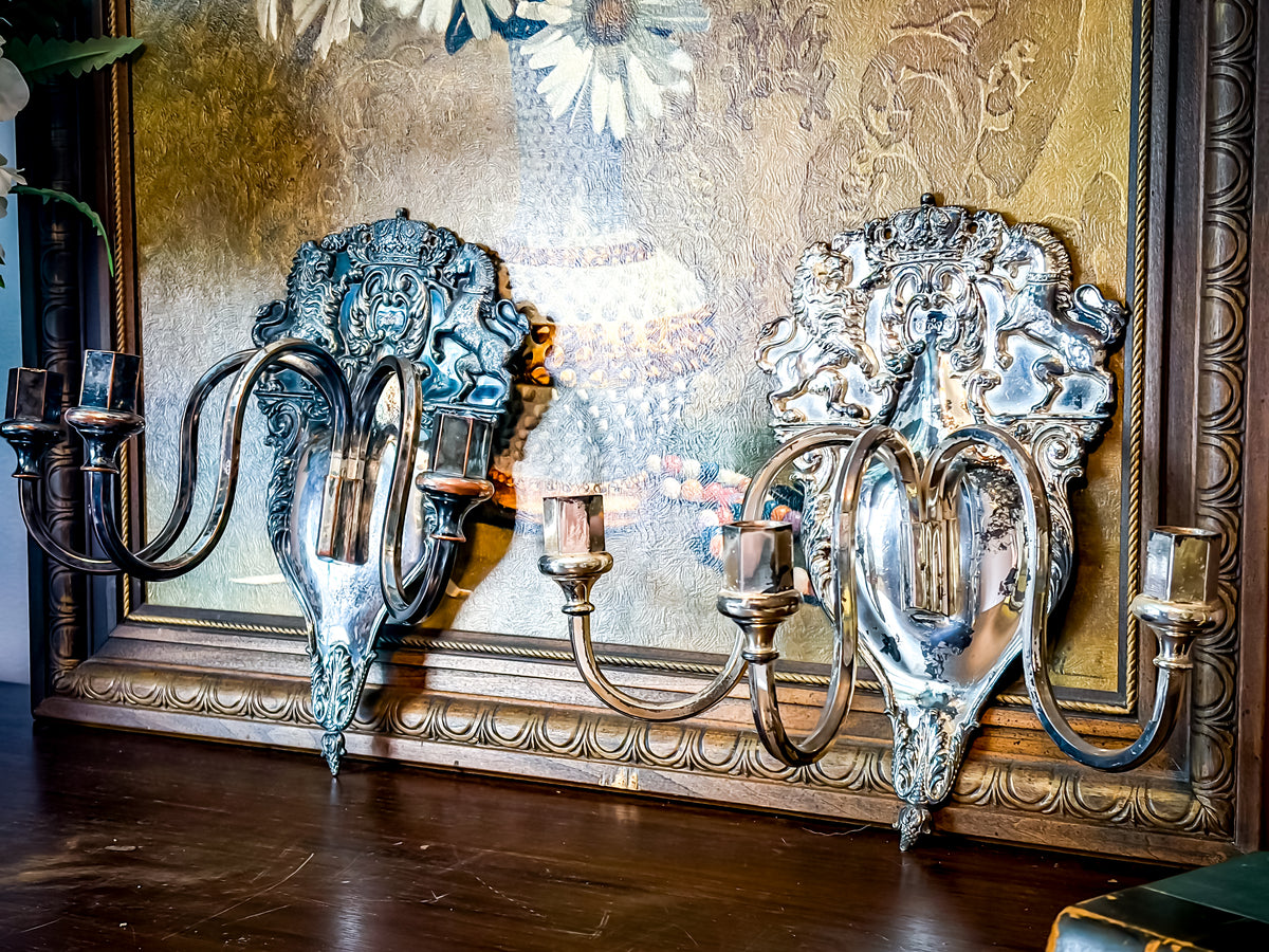 Antique English Hallmarked Royal Crest Crown Pair Sconces