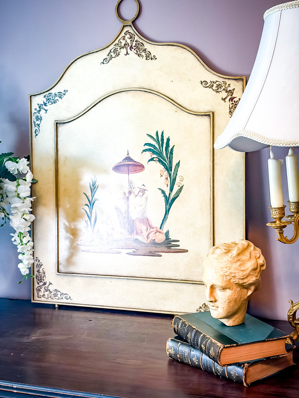 Vintage Italian Hand-Painted Chinoiserie Fireplace Screen with Gilt Detail