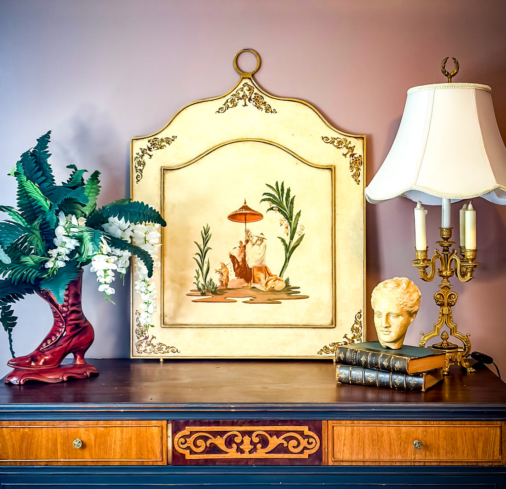 Vintage Italian Hand-Painted Chinoiserie Fireplace Screen with Gilt Detail
