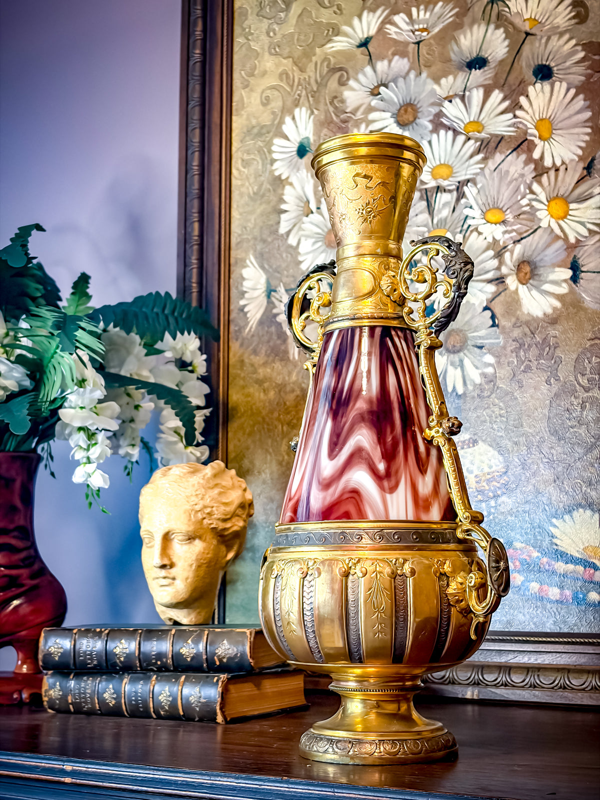 19th Century French Napoleon III Opaline Glass & Gilt Régule Urn