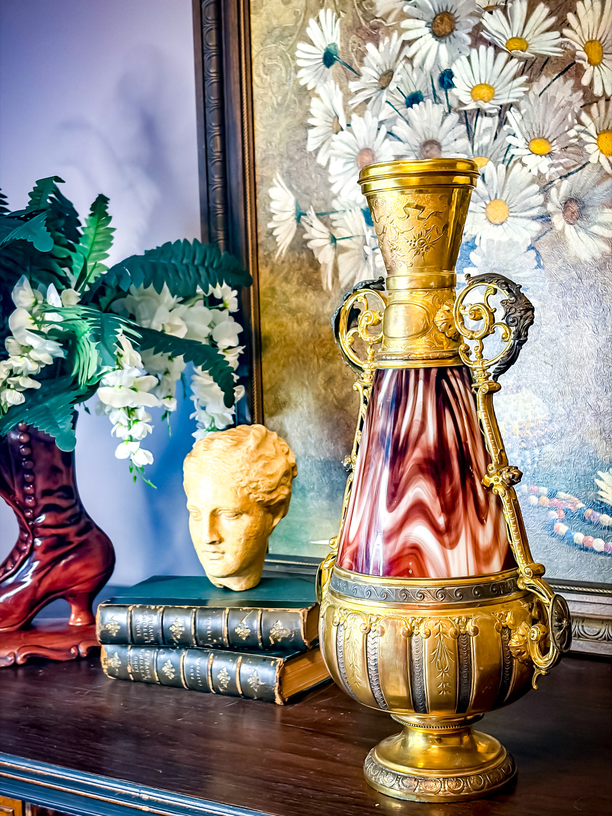 19th Century French Napoleon III Opaline Glass & Gilt Régule Urn