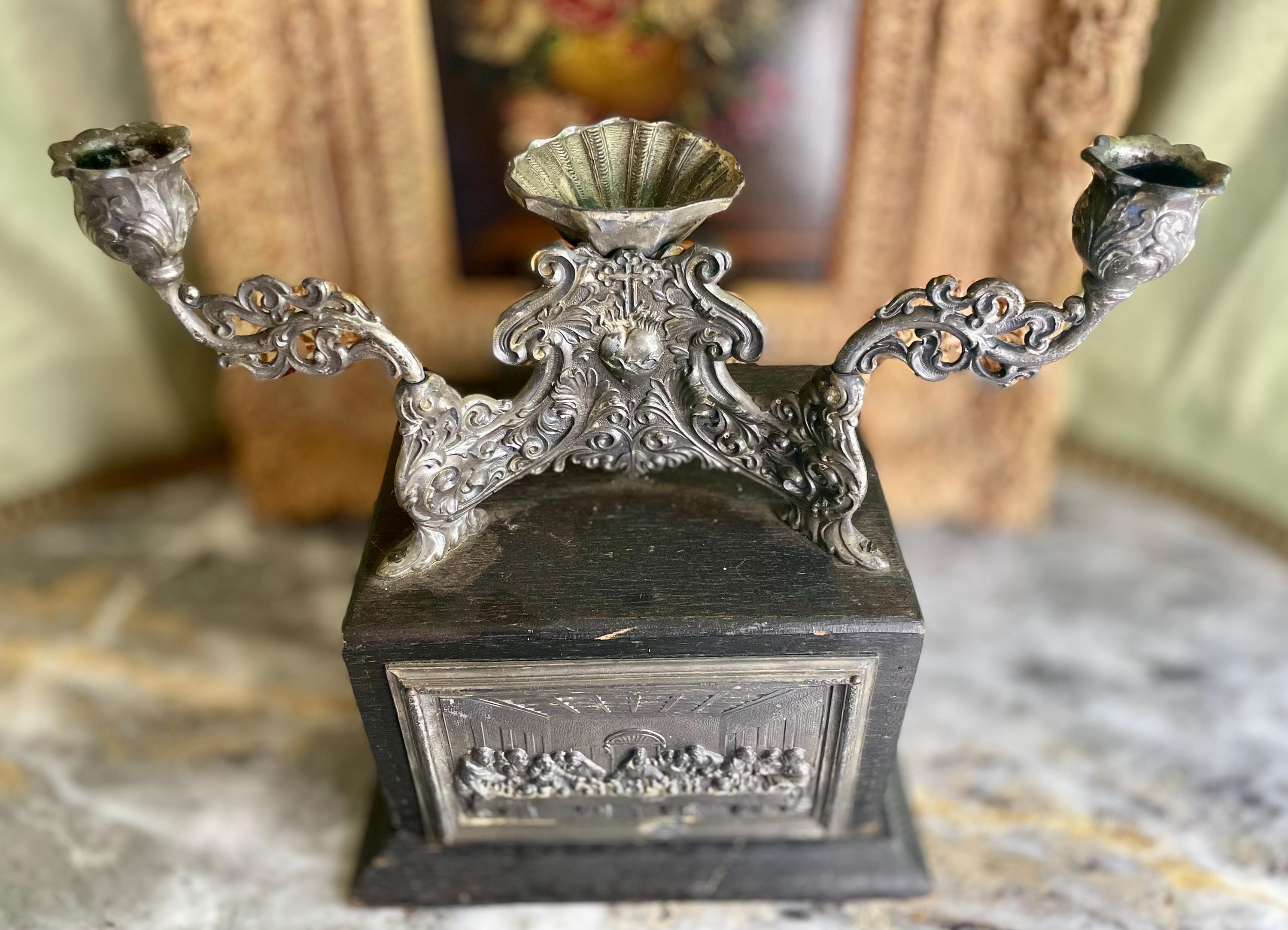 Antique Holy Water Last Supper Altar Oak Box