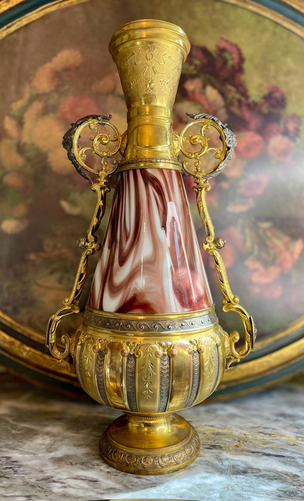 Antique Loetz Czech Republic with Marbled Glass and Ornate Metalwork