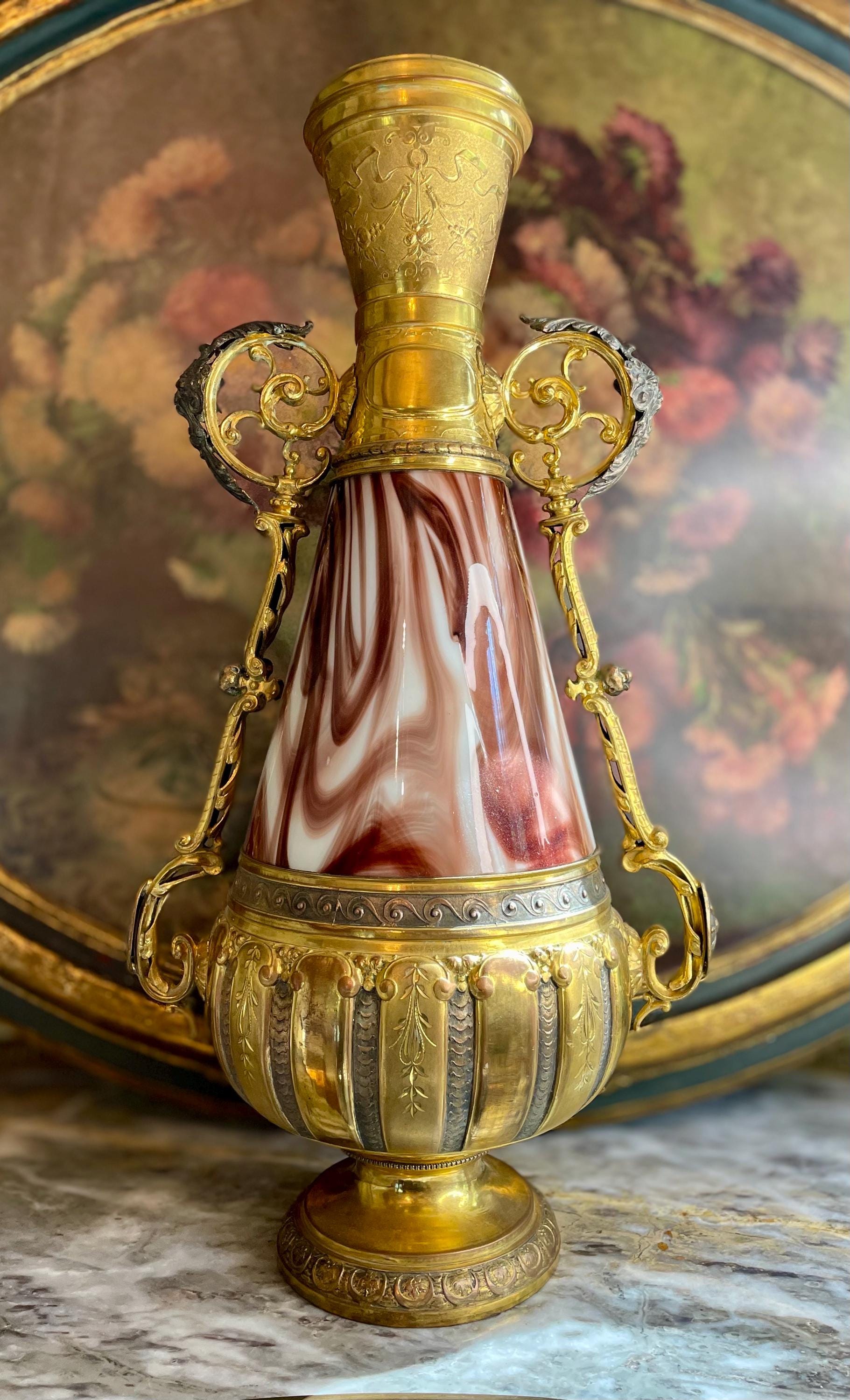 Antique Loetz Czech Republic with Marbled Glass and Ornate Metalwork