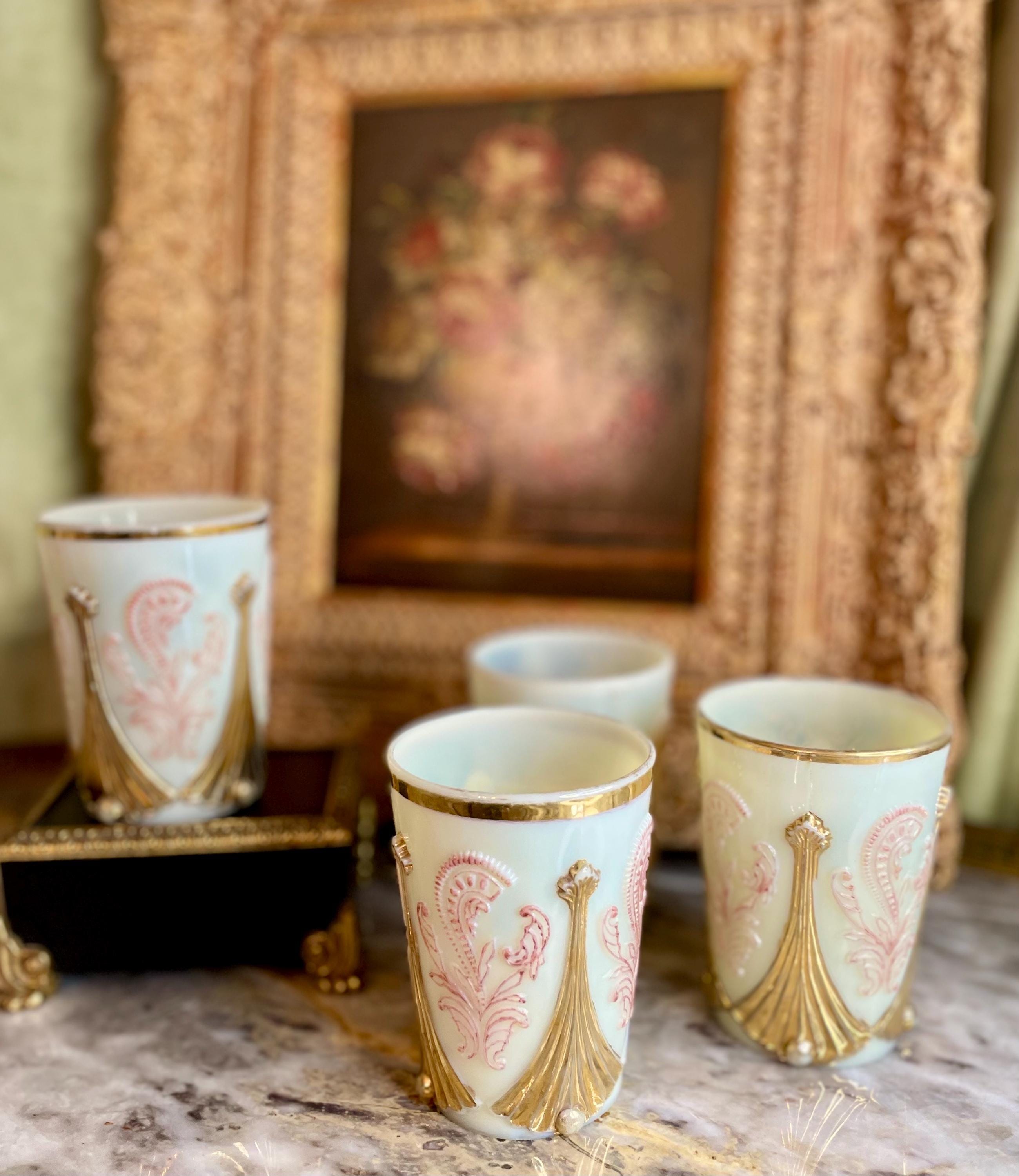 Set of 4 Antique Northwood Inverted Fan Custard Glass Tumblers