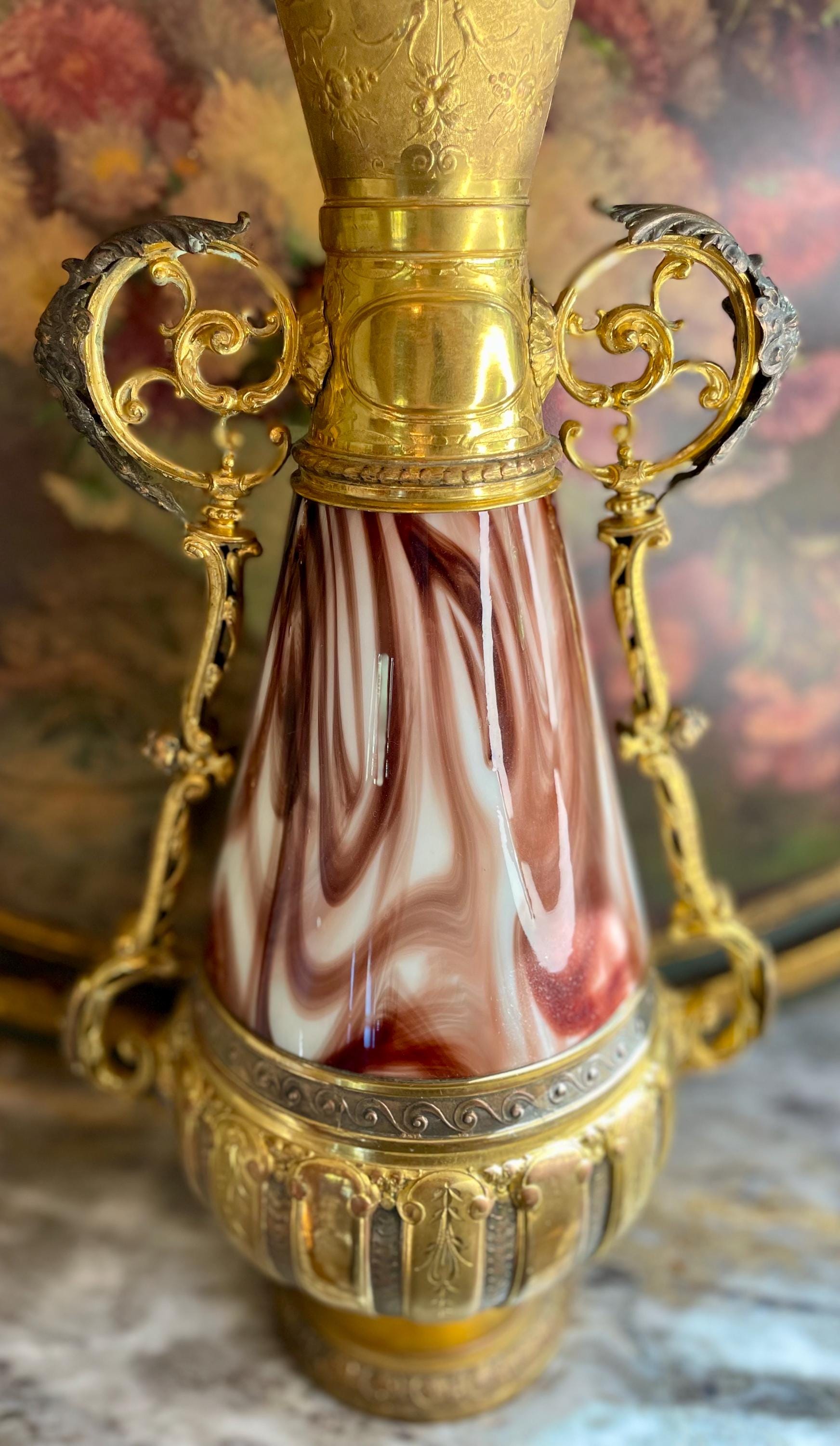 Antique Loetz Czech Republic with Marbled Glass and Ornate Metalwork