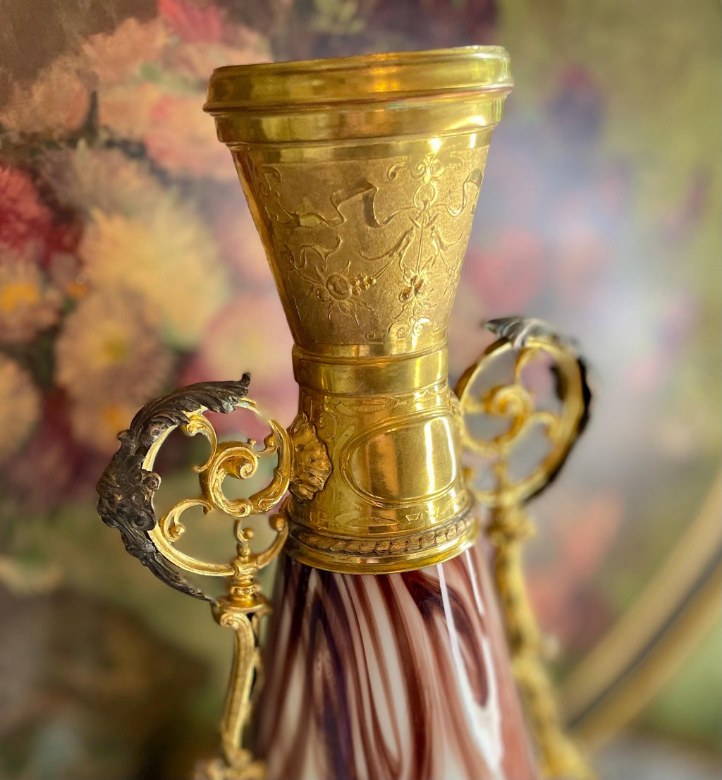 Antique Loetz Czech Republic with Marbled Glass and Ornate Metalwork