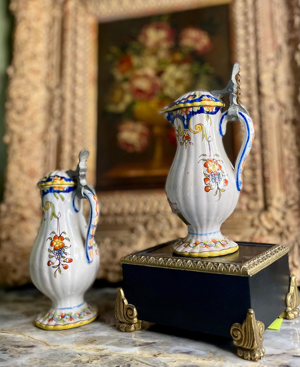 Antique French Quimper Faience Oil and Vinegar Spill Jugs