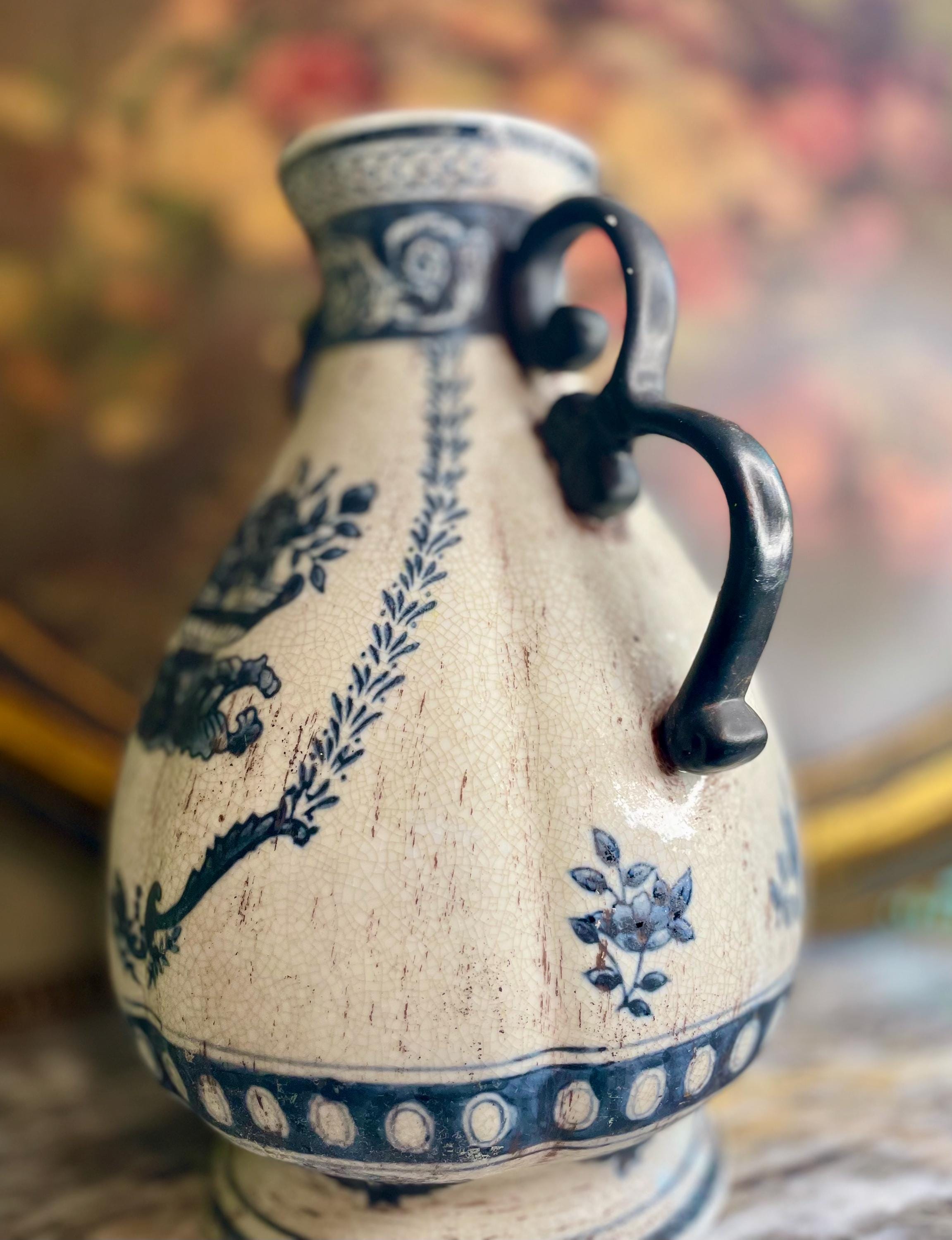 European  Blue & White Urn-Style Vase with Double Handles