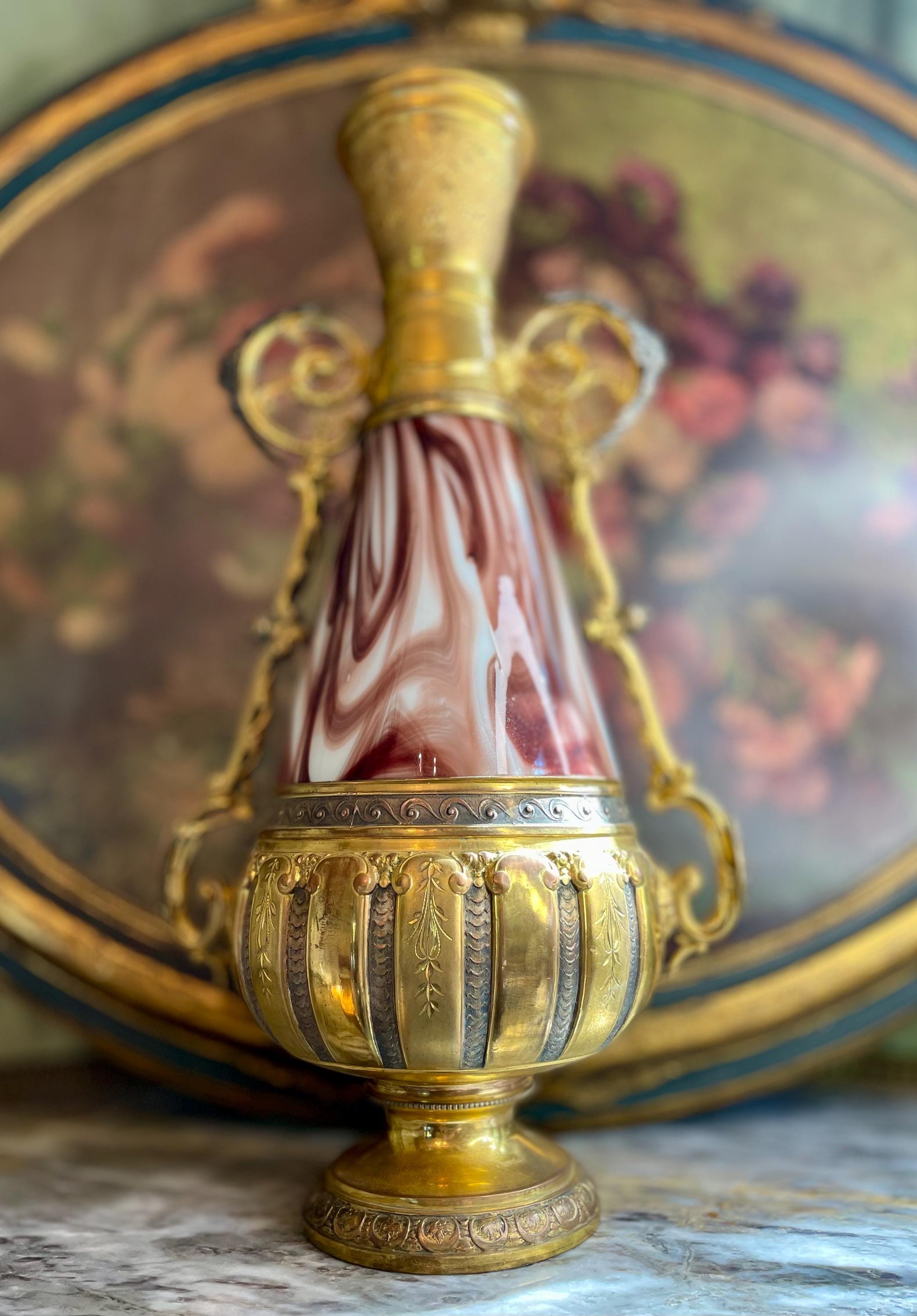 Antique Loetz Czech Republic with Marbled Glass and Ornate Metalwork