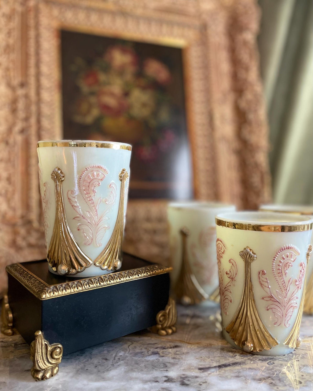 Set of 4 Antique Northwood Inverted Fan Custard Glass Tumblers