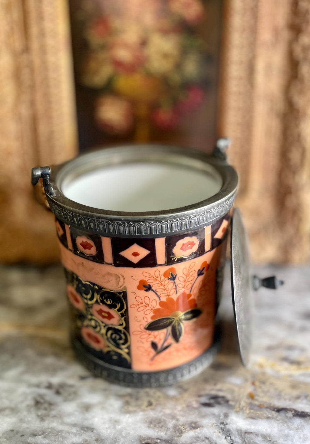 Vintage Schoenau Bros. German Porcelain Imari Biscuit Jar with Lid