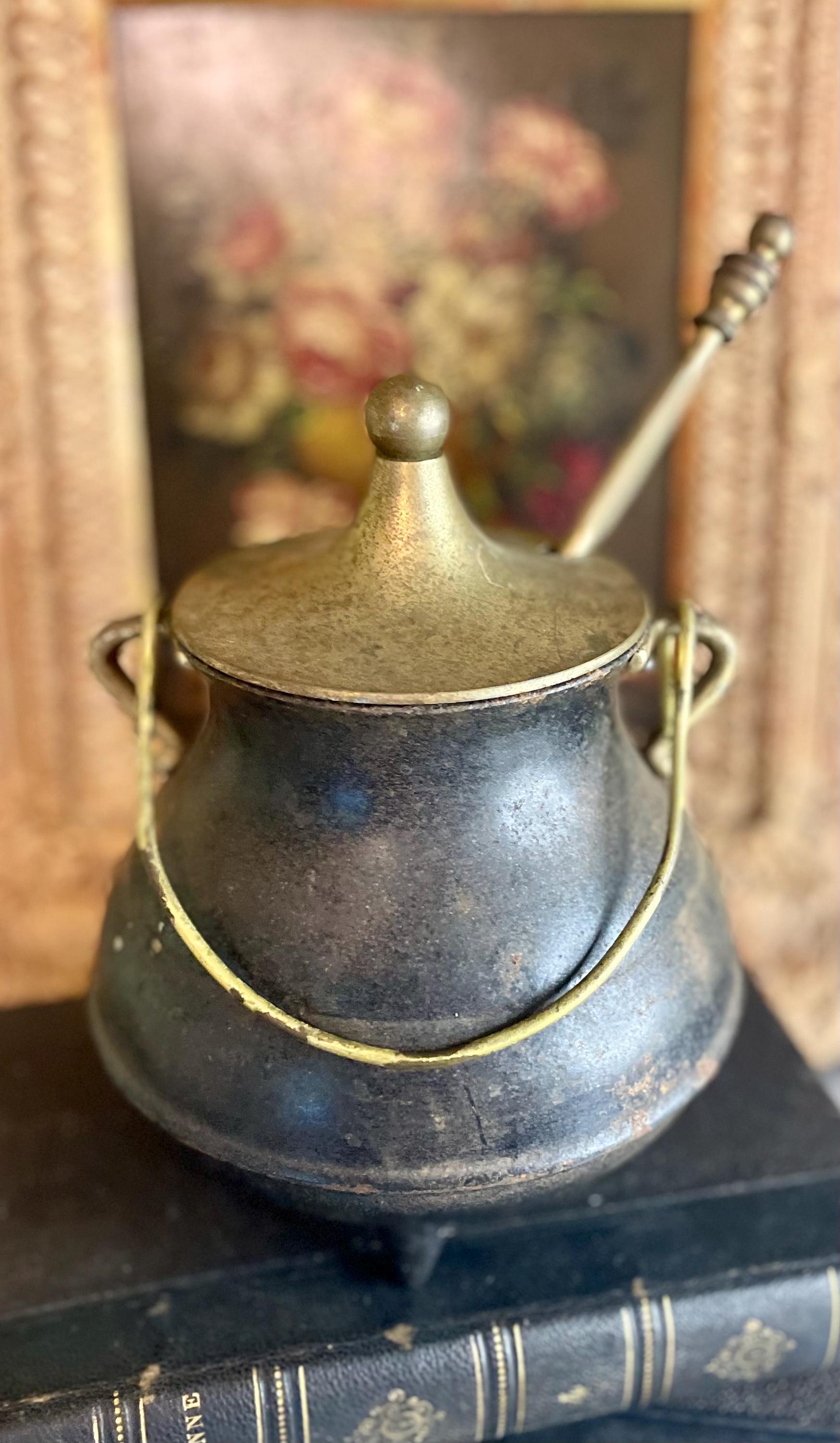 Antique Cast Iron Fire Starter with Brass Lid & Wand